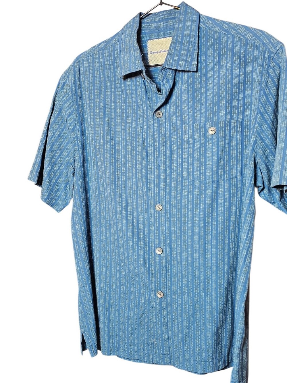 Tommy Bahama blue embroidered silk blend short-sleeve button down - Size Small